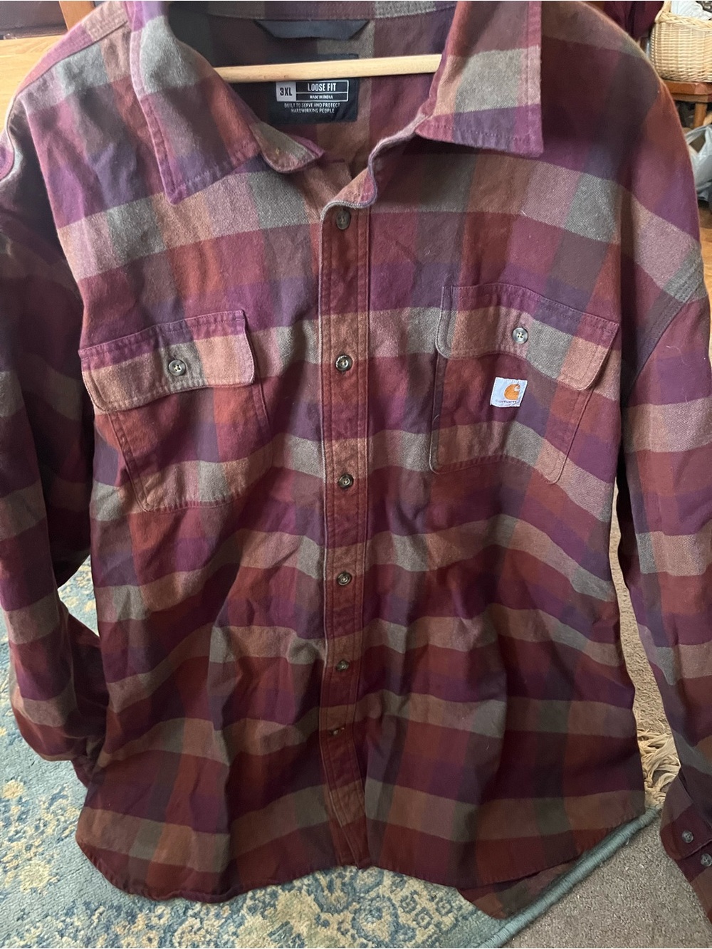 Carhartt Burgundy & Taupe Plaid Button-Front Work Shirt 3XL like new